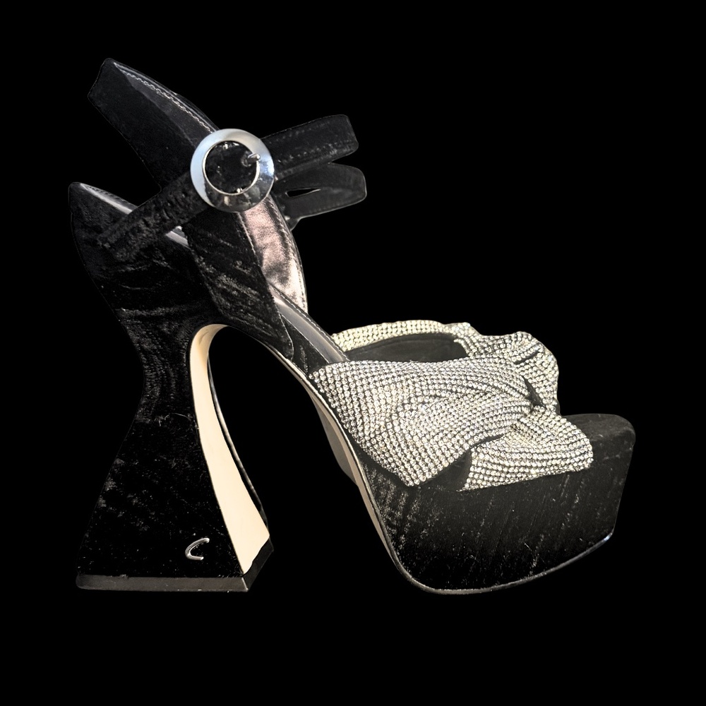 Sam Edelman Rhinestone Bow Platform Heels | Black Velvet | Size 7.5